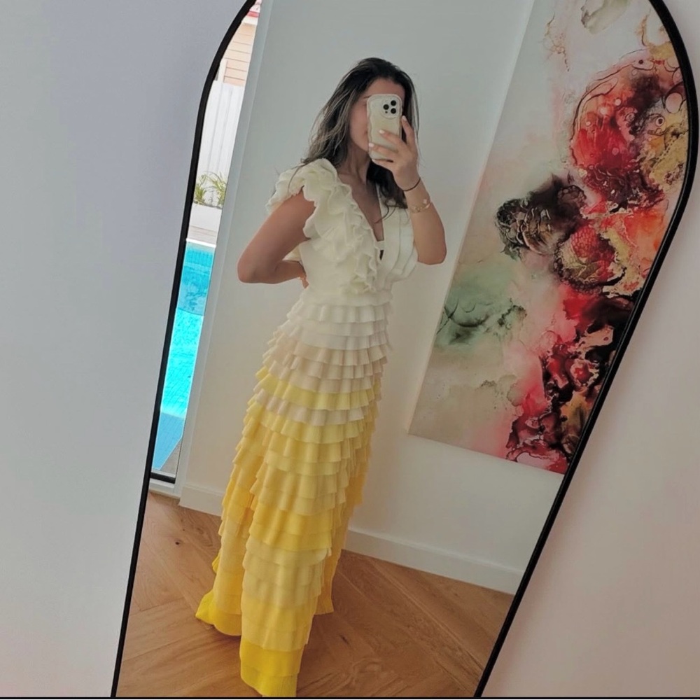 Aje Reflections Ombré Gown -Pleated Ruffle Tiered Dress in Cream and Yellow MOB - Picture 4 of 14